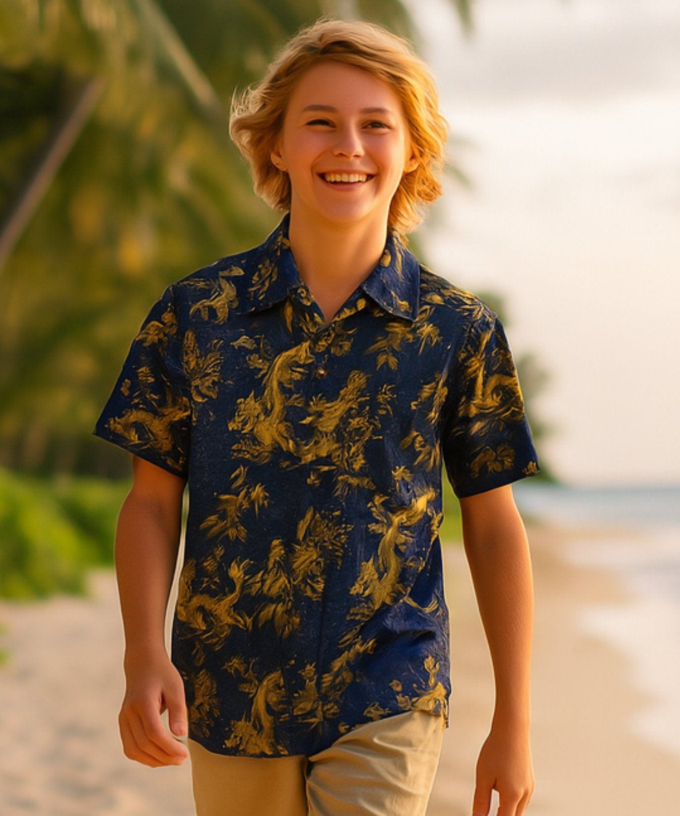Year of the Dragon Boys Button-Up Cotton Shirt Navy