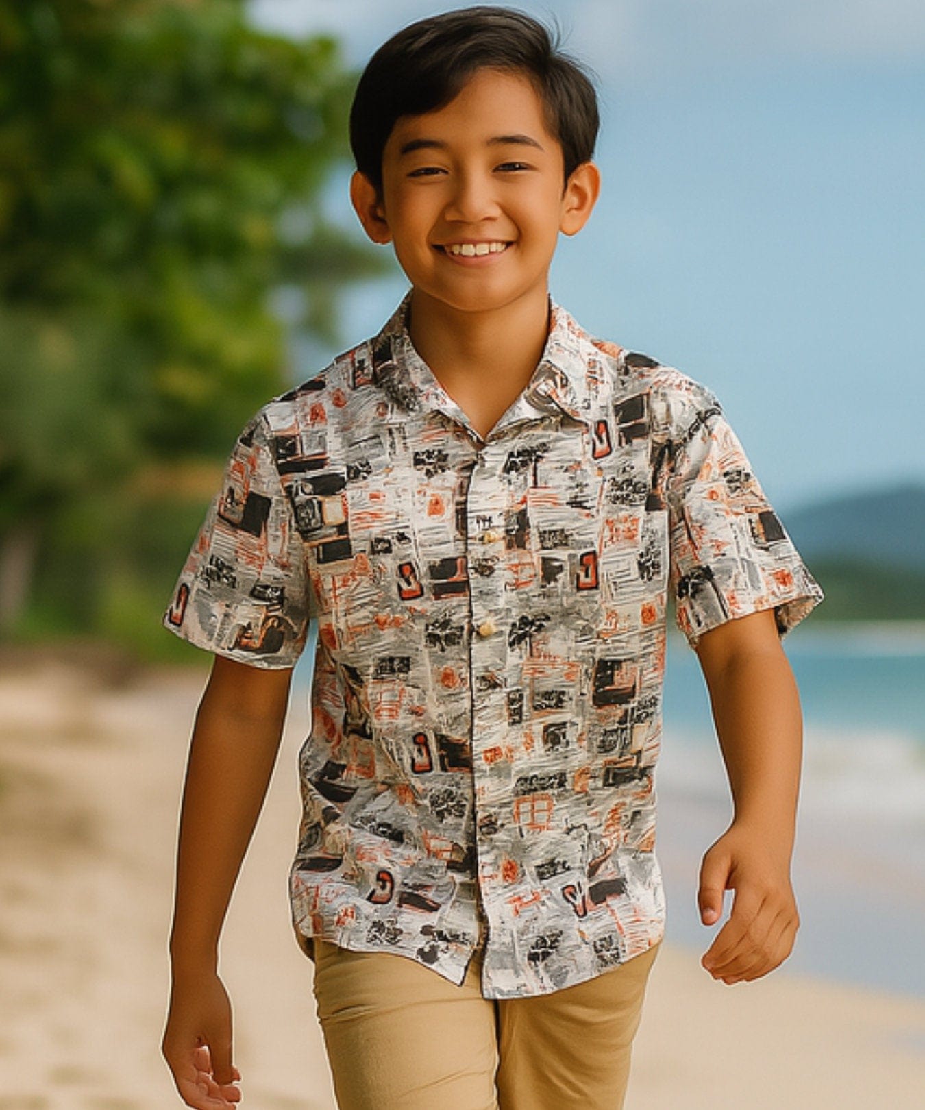 Sea Life Tapa Button-Up Boys Cotton Shirt White