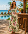 Hibiscus V-Neck Rayon Hawaiian Dress Beige Long Maxi Dress