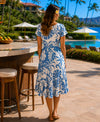 Makapu V-Neck with Cap Sleeves Corn flower Blue Midi back of the Hawaiian Dress