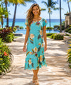 Ceres Rayon Tea length Hawaiian Dress with Sleeves Green