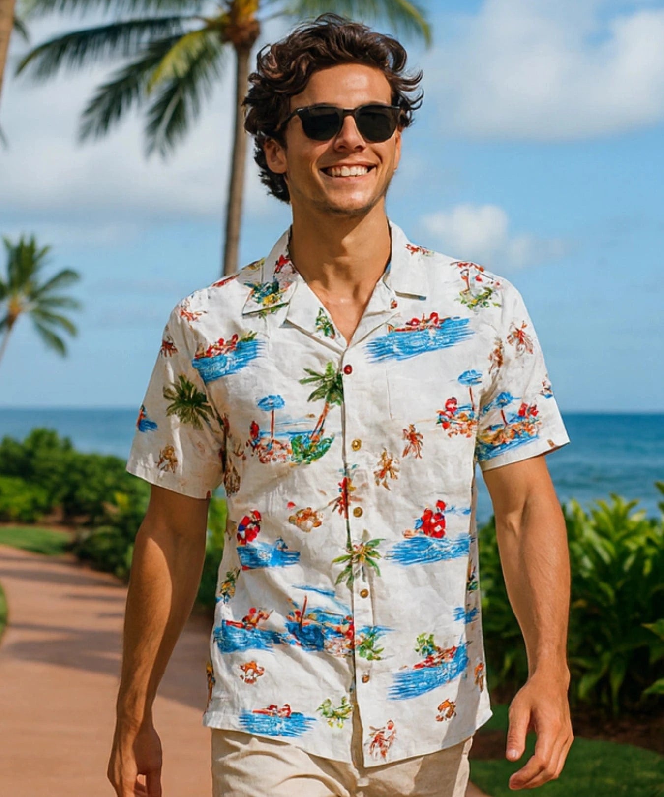 Men's Hawaiian Christmas Shirt Surfing Santa White