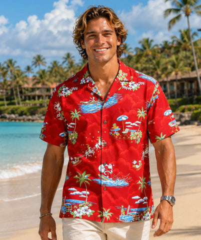 Men's Hawaiian Christmas Shirt Surfing Santa