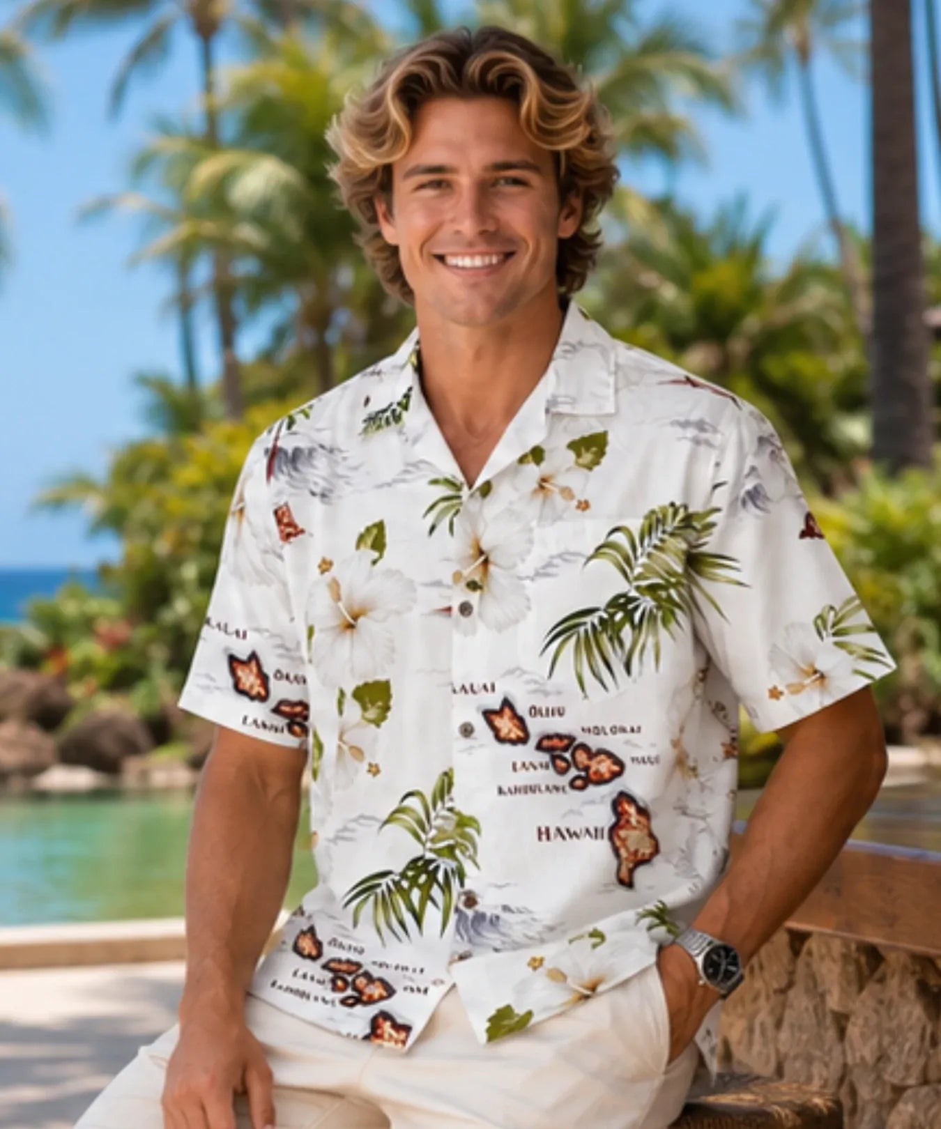 Island Palms Men's Cotton Aloha Shirt White