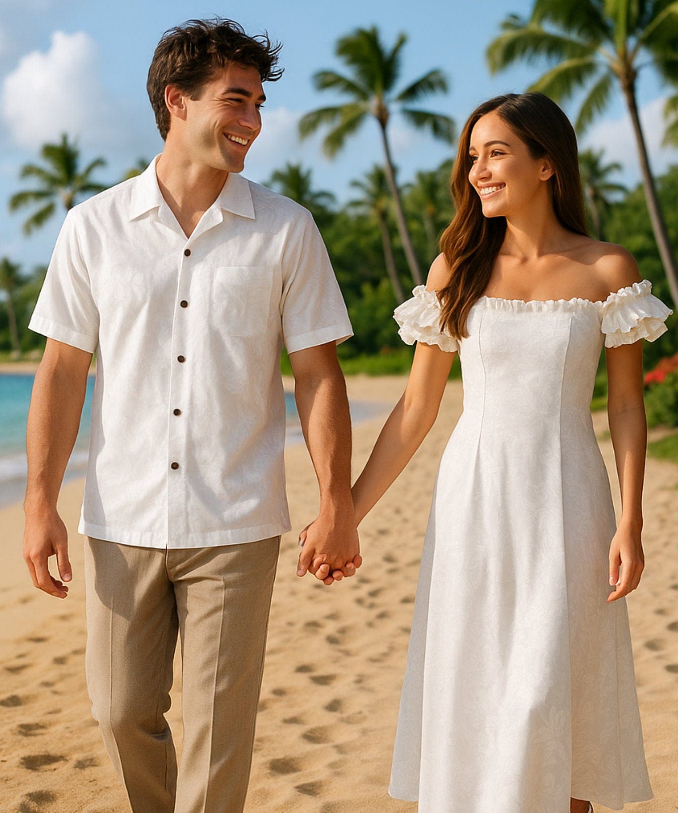 thumbnail image 2 of Matchable Couple Hawaiian Luau Shirt Or Maxi Ruffle Dress In Lotus And Orchid White, Men Lotus And Orchid White, L 2 of 10