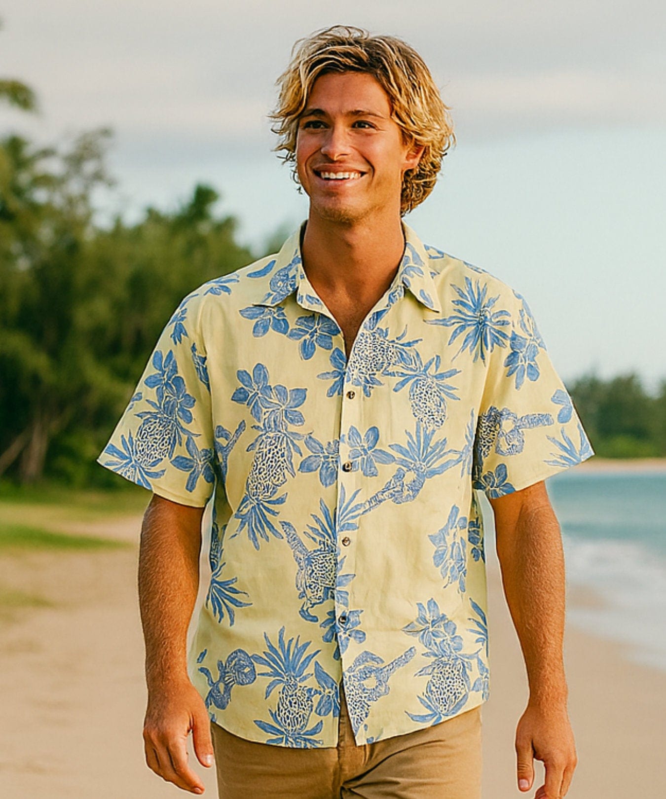 Aloha Button Up Dress Hawaiian Ukuleles Shirt Yellow