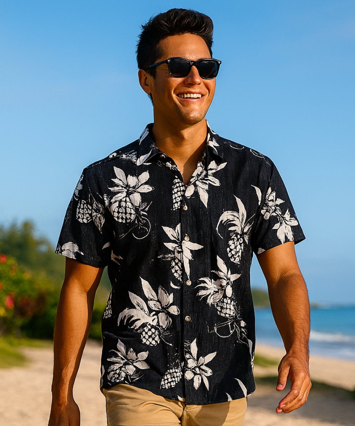 Ukuleles Button Up Collar Aloha Dress Shirt Black