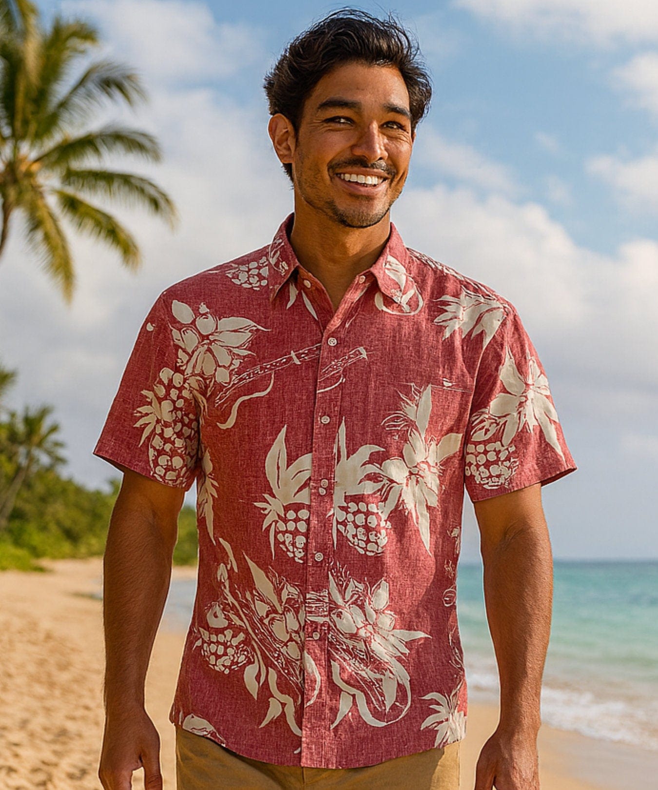 Ukuleles Button Up Collar Aloha Dress Shirt Burgundy
