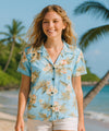 Women Classic Orchids Rayon Hawaiian Blouse Light Sky Blue