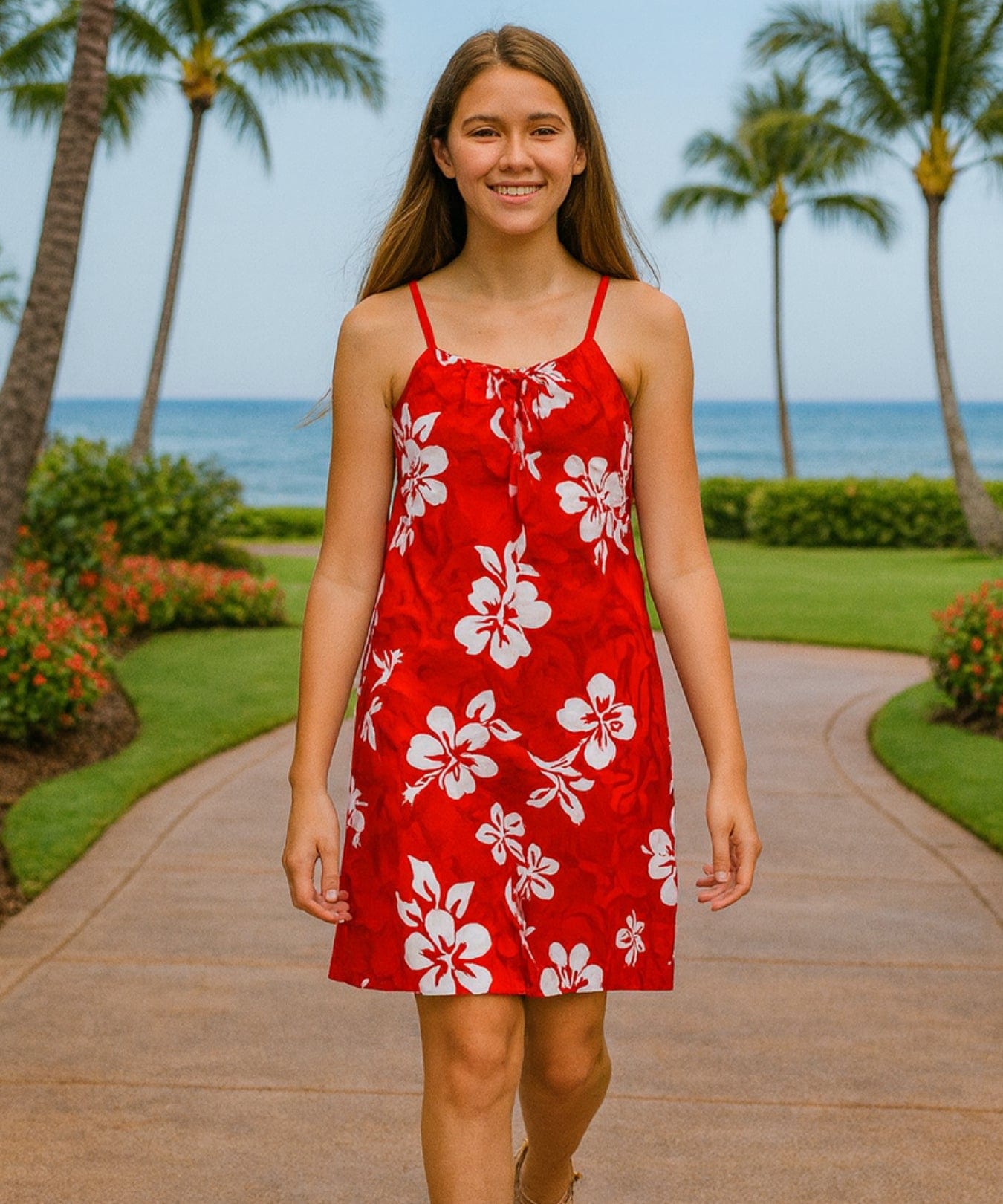 Nalani Girls Hawaiian Spaghetti Straps Dress Red