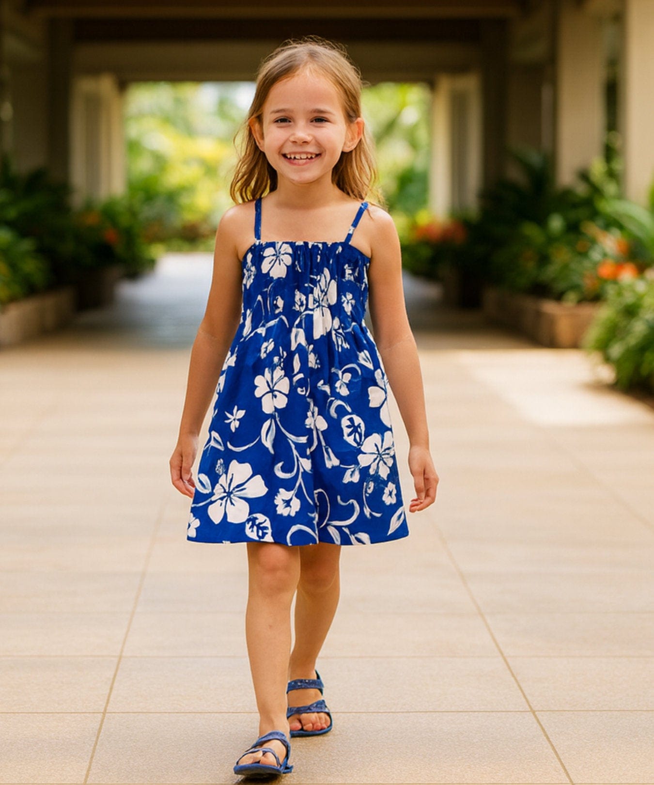 Hibiscus Girls Spaghetti Tube Top Smock Dress Royal Navy