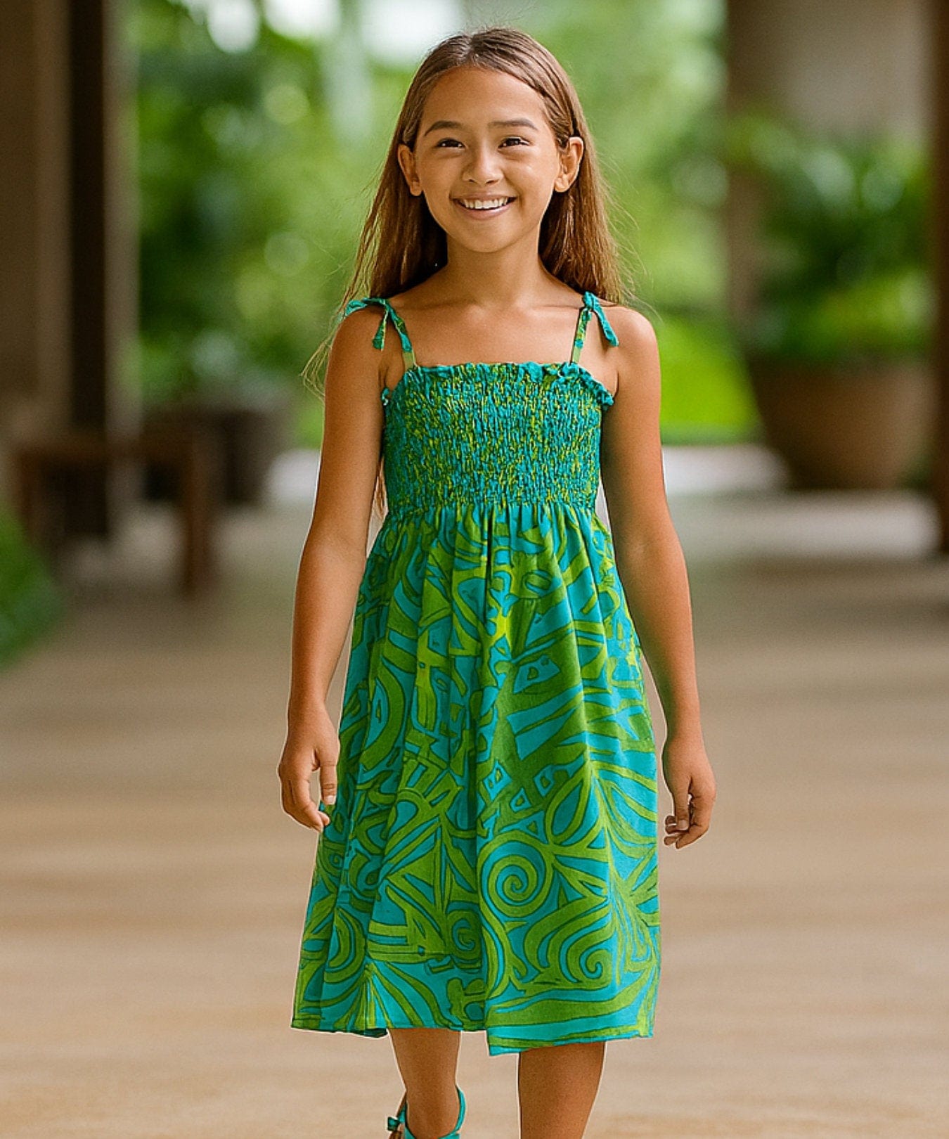 Smock Top or Halter Style Girls Tribal Dress Aqua