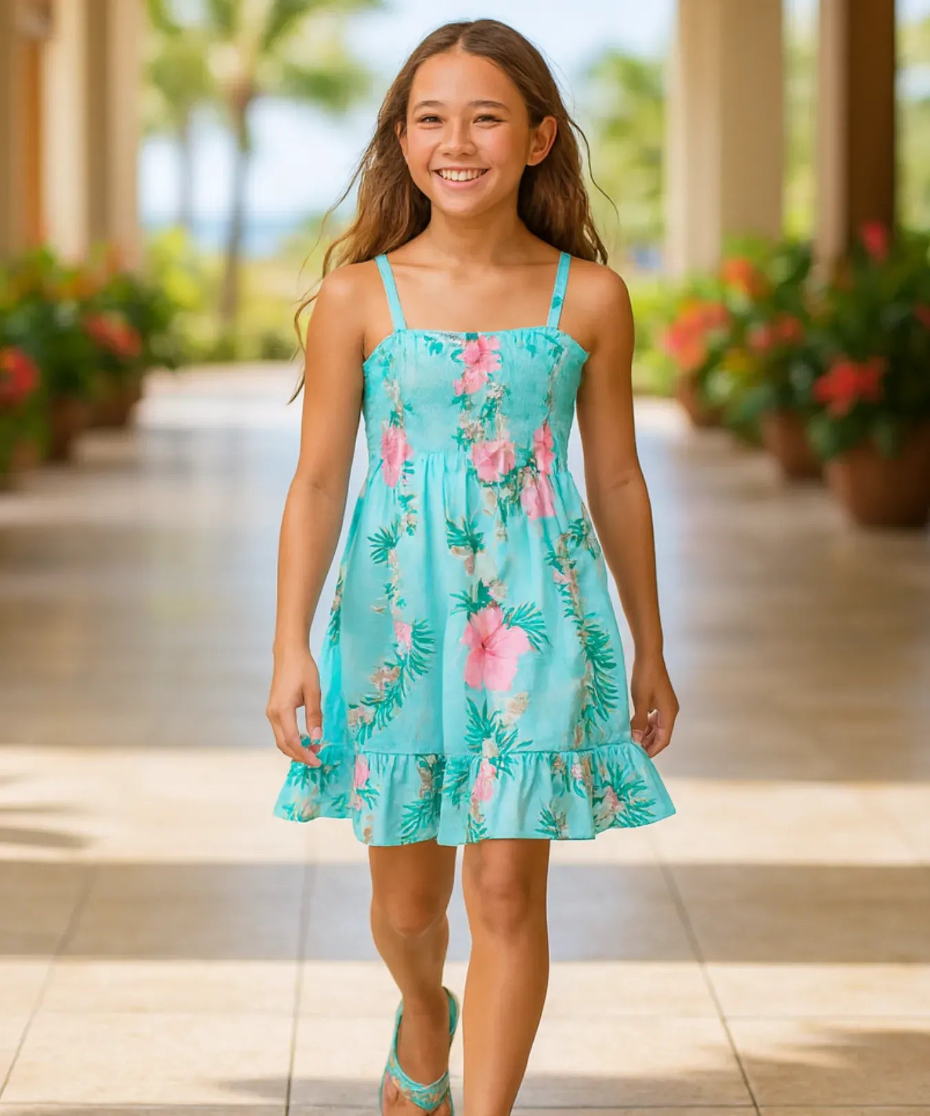 Ruffle Girls Spaghetti Smock Hawaiian Dress Aqua