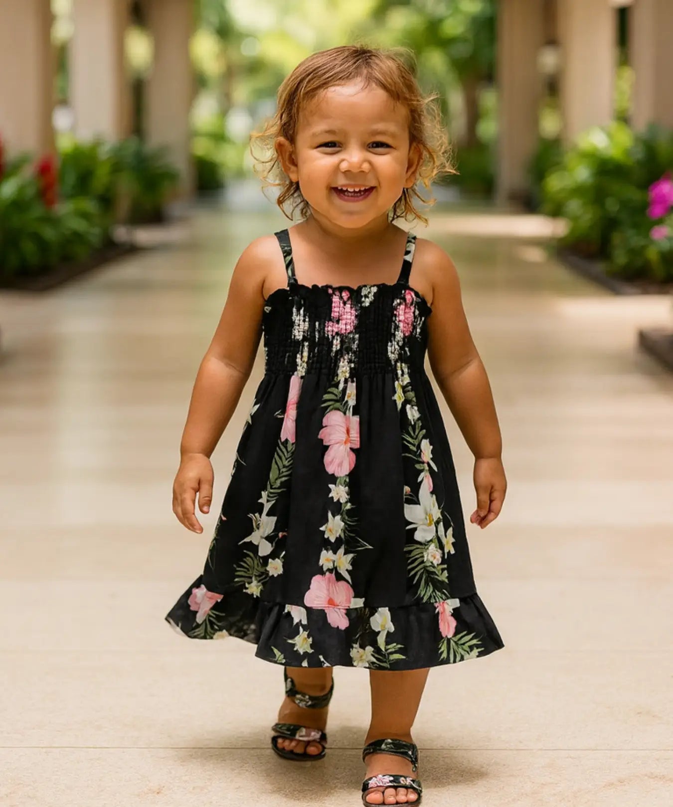 Ruffle Girls Spaghetti Smock Hawaiian Dress Black
