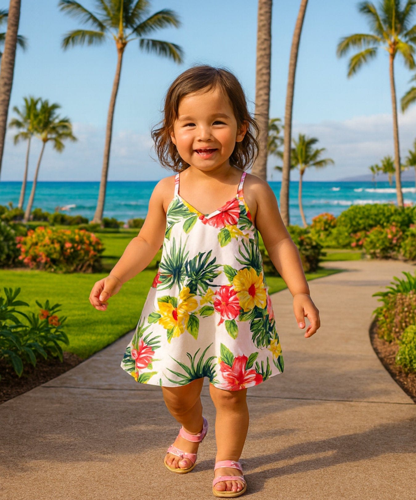 Alohilani V-Neck Girls Dress with Scarf Hem White