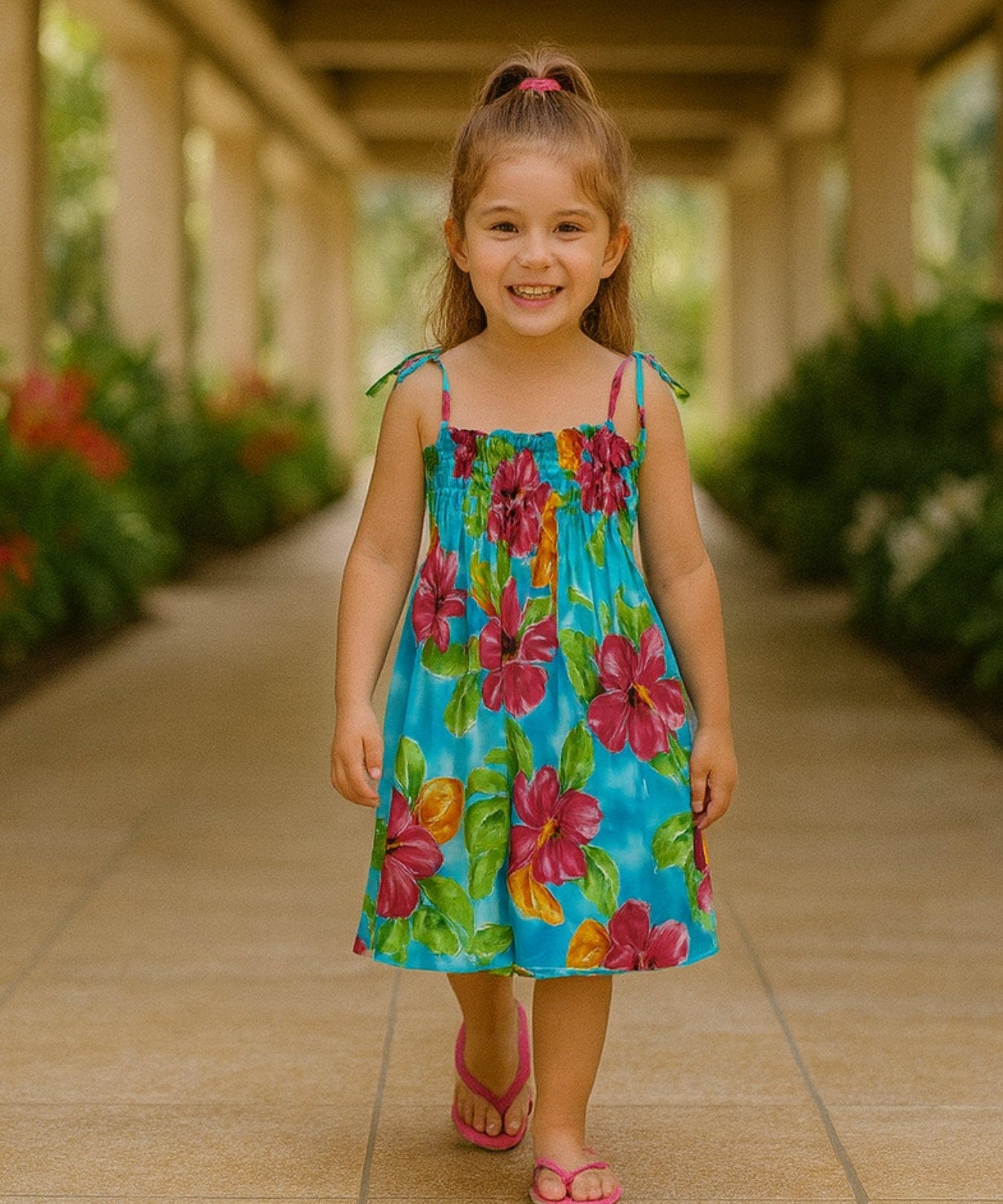 Hibiscus Smock Top Rayon Girls Dress Ocean Blue