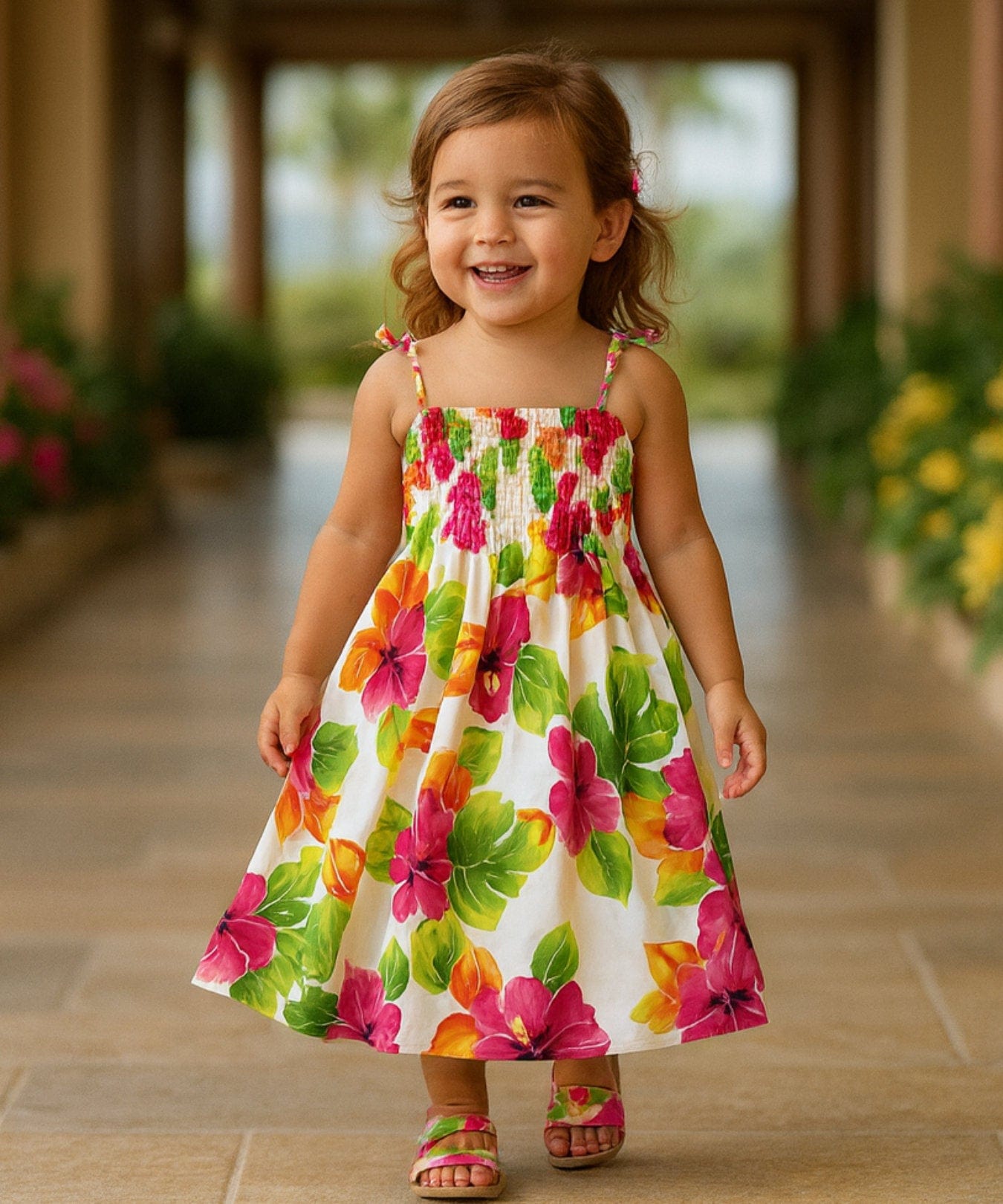 Hibiscus Smock Top Rayon Girls Dress White