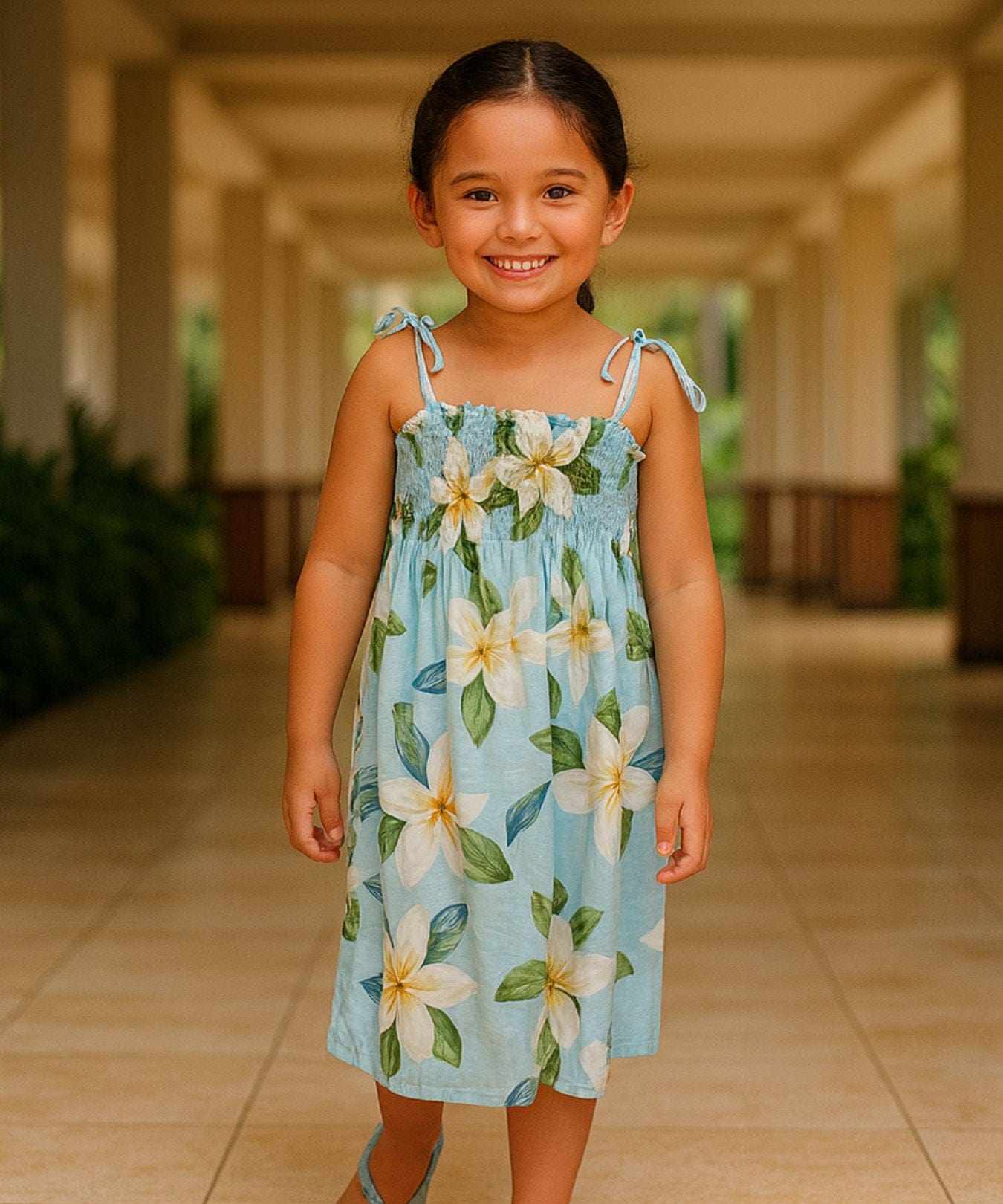 Ulana Girls Plumeria Smock Top Flower Dress Light Sky Blue