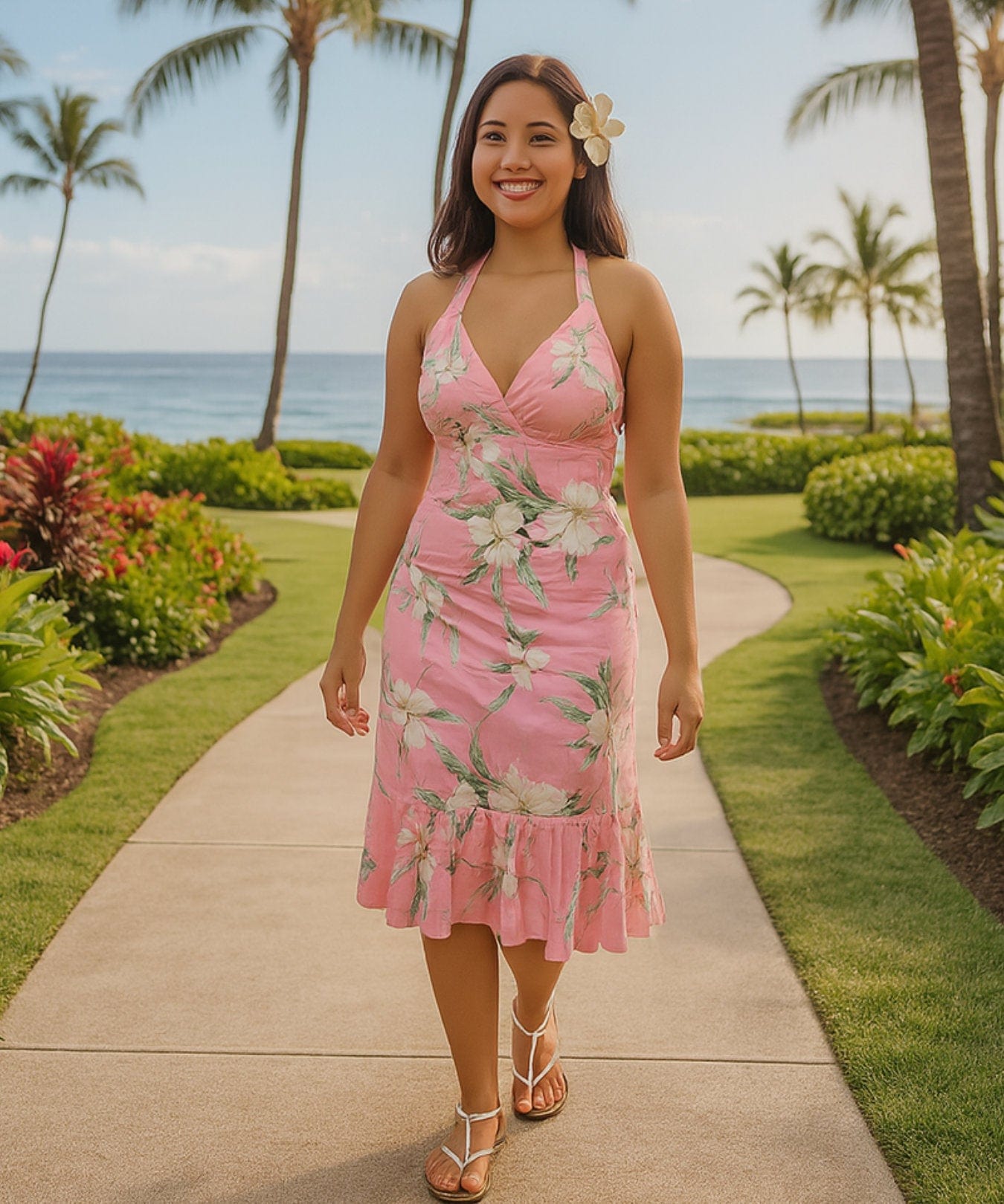 Piikoi Midi Length Halter Hawaiian Dress