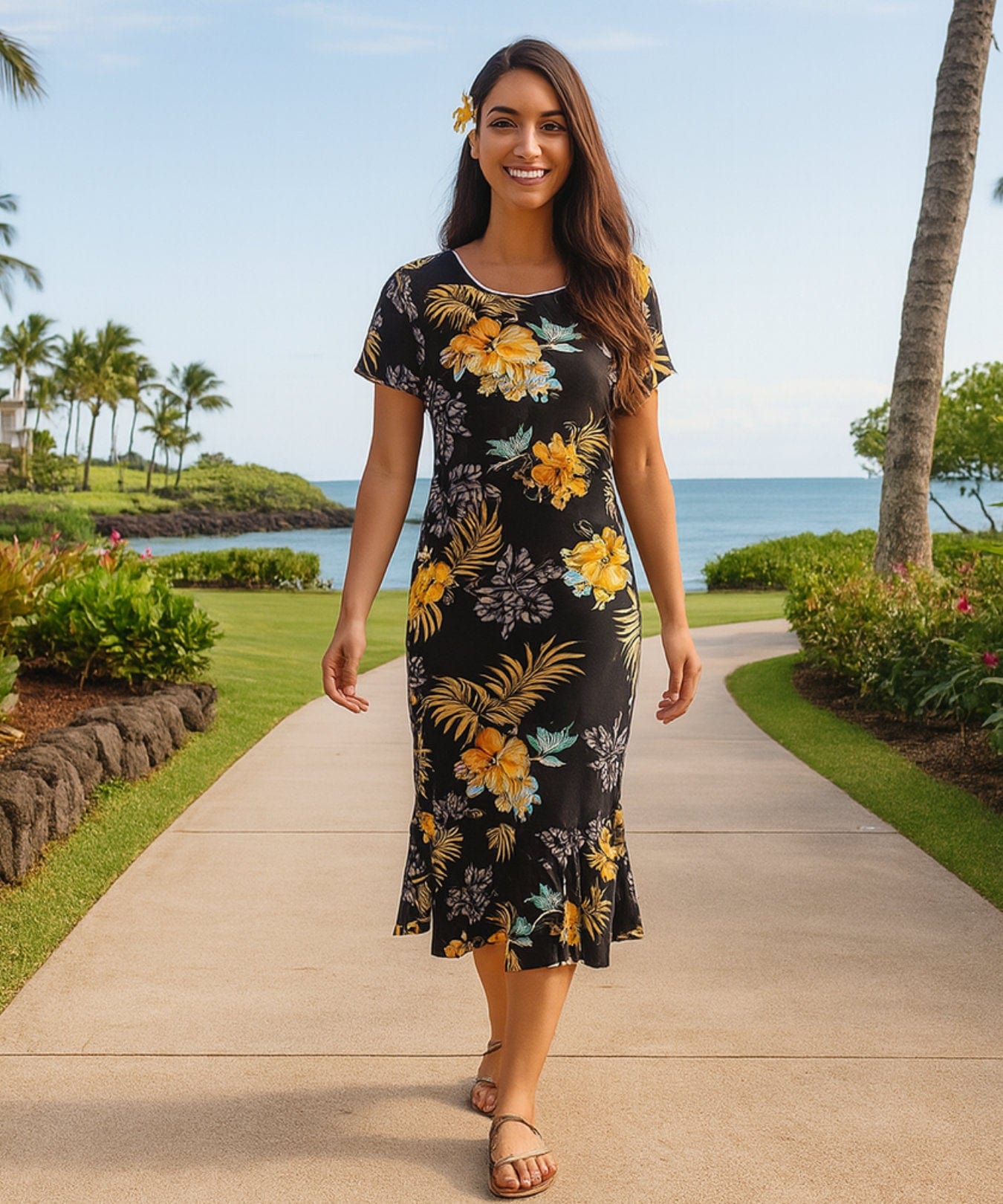 Nalanui Hawaiian Dress with Sleeves Black