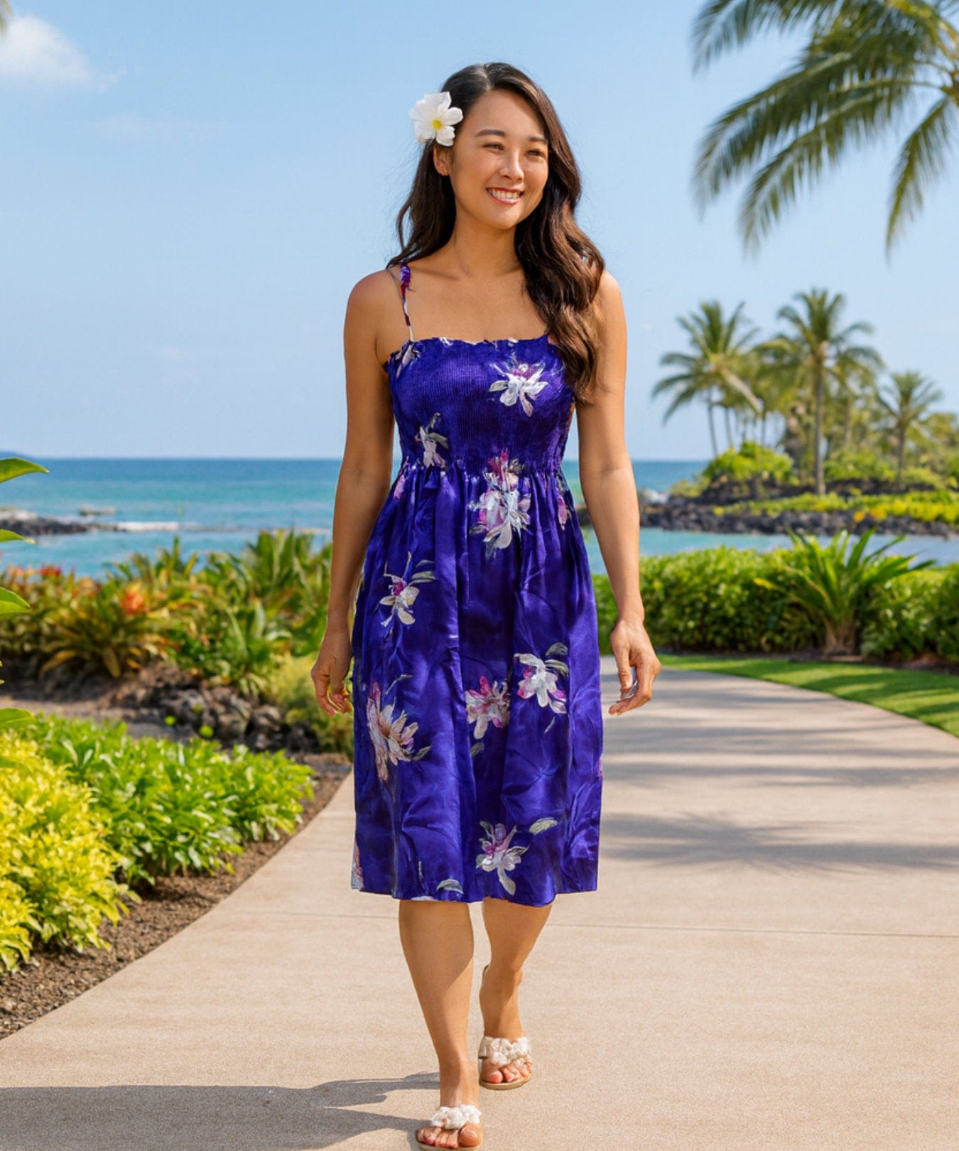 Orchid Tie On Shoulder Smock Hawaiian Dress