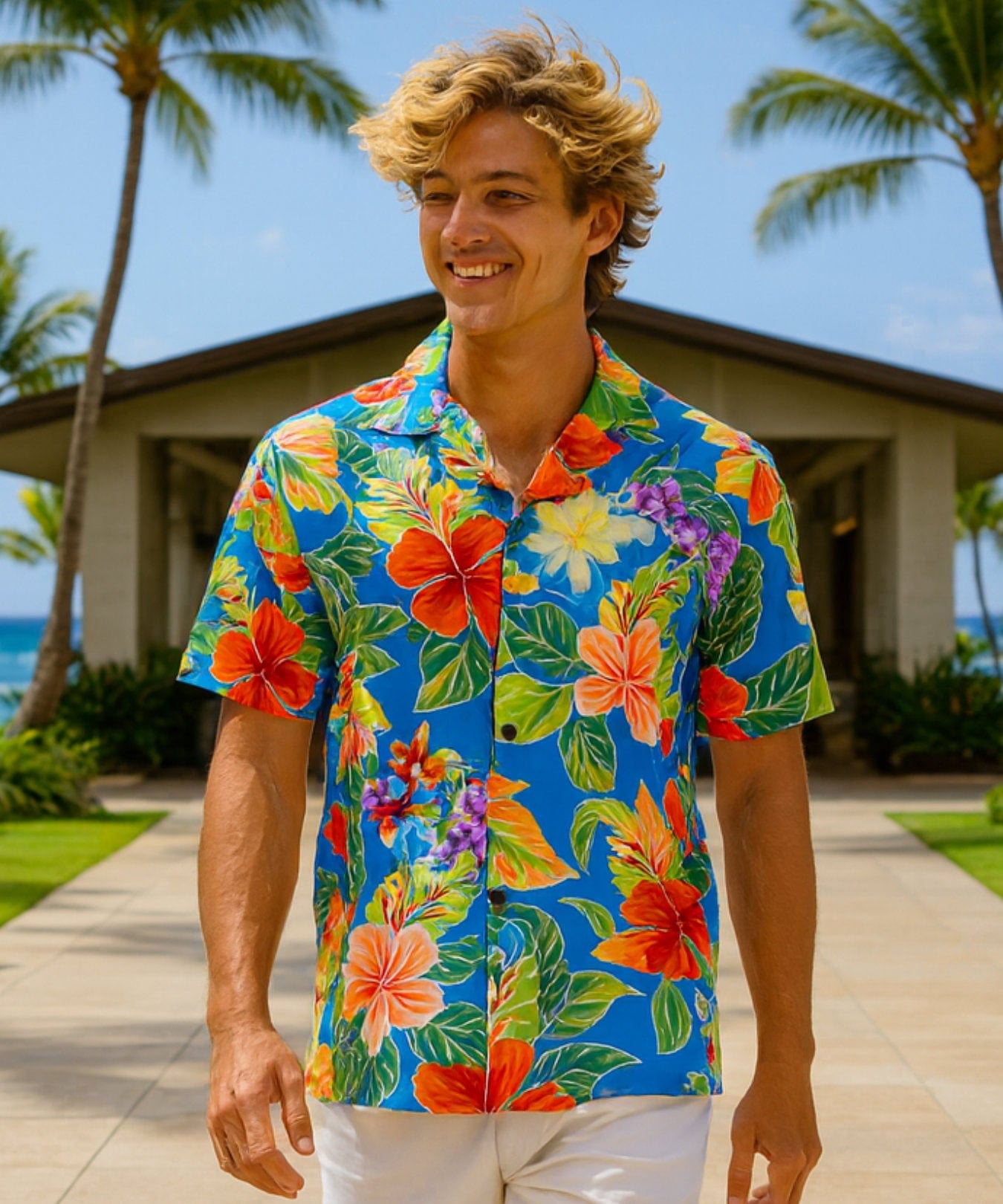 Leialoha Men's Cotton Hawaiian Shirt Ocean Blue