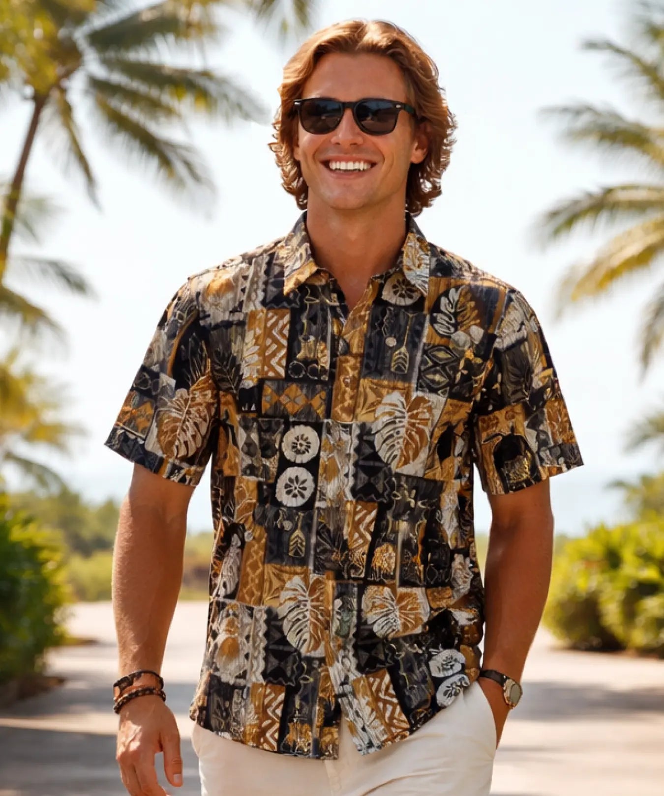 Tapa Mosaic Monstera Button-Up Hawaiian Shirt Black