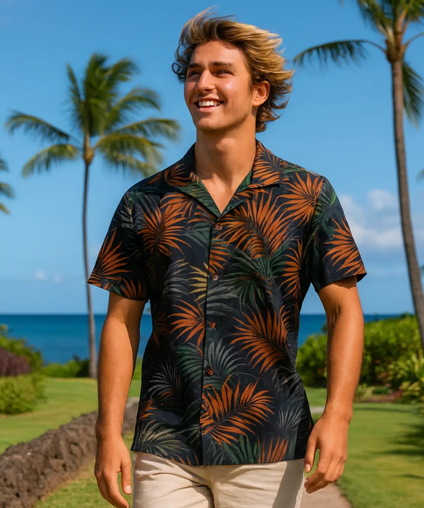 Short Sleeves Cotton poplin Palm Men's Hawaiian Shirt Black
