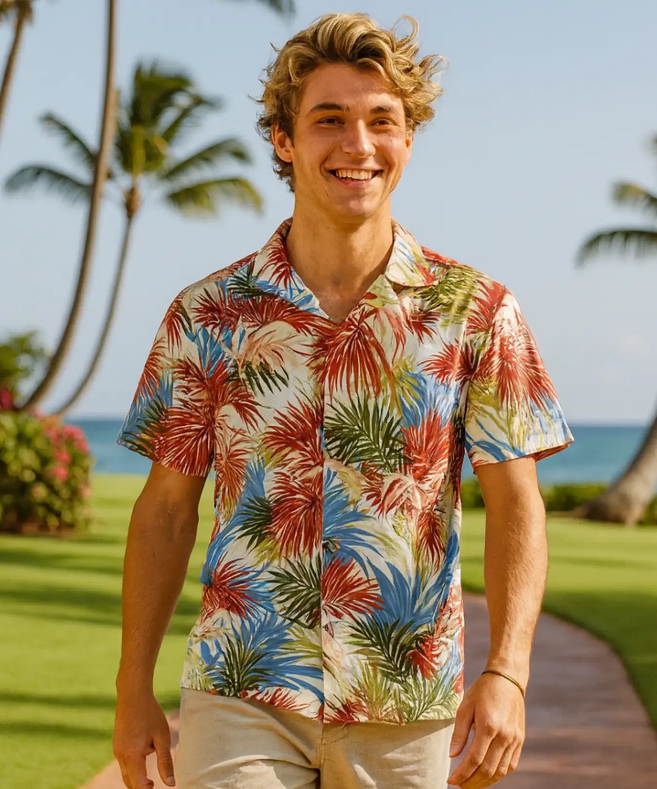 Short Sleeves Cotton poplin Palm Men's Hawaiian Shirt Cream