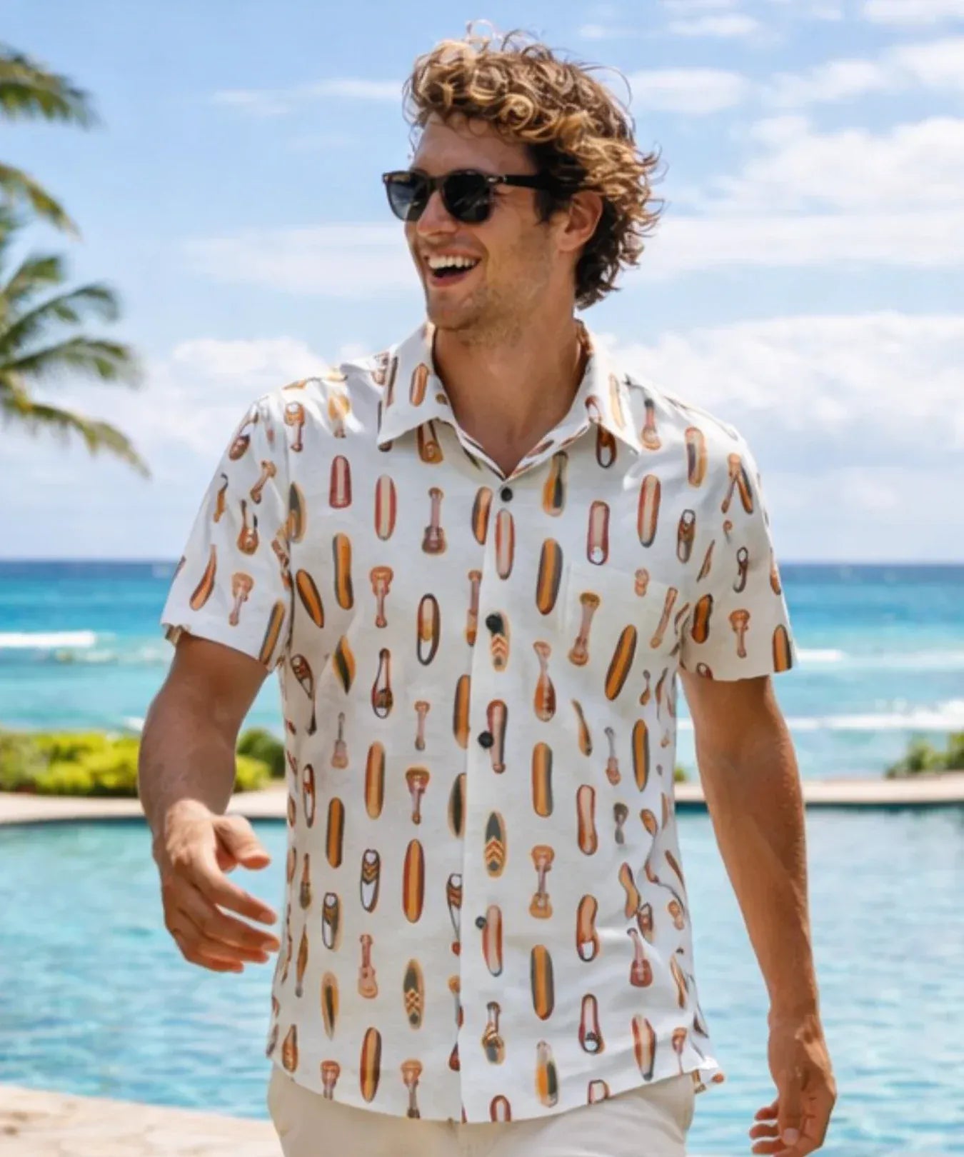 Short Sleeves Cotton Hawaiian Aloha Shirt Beige