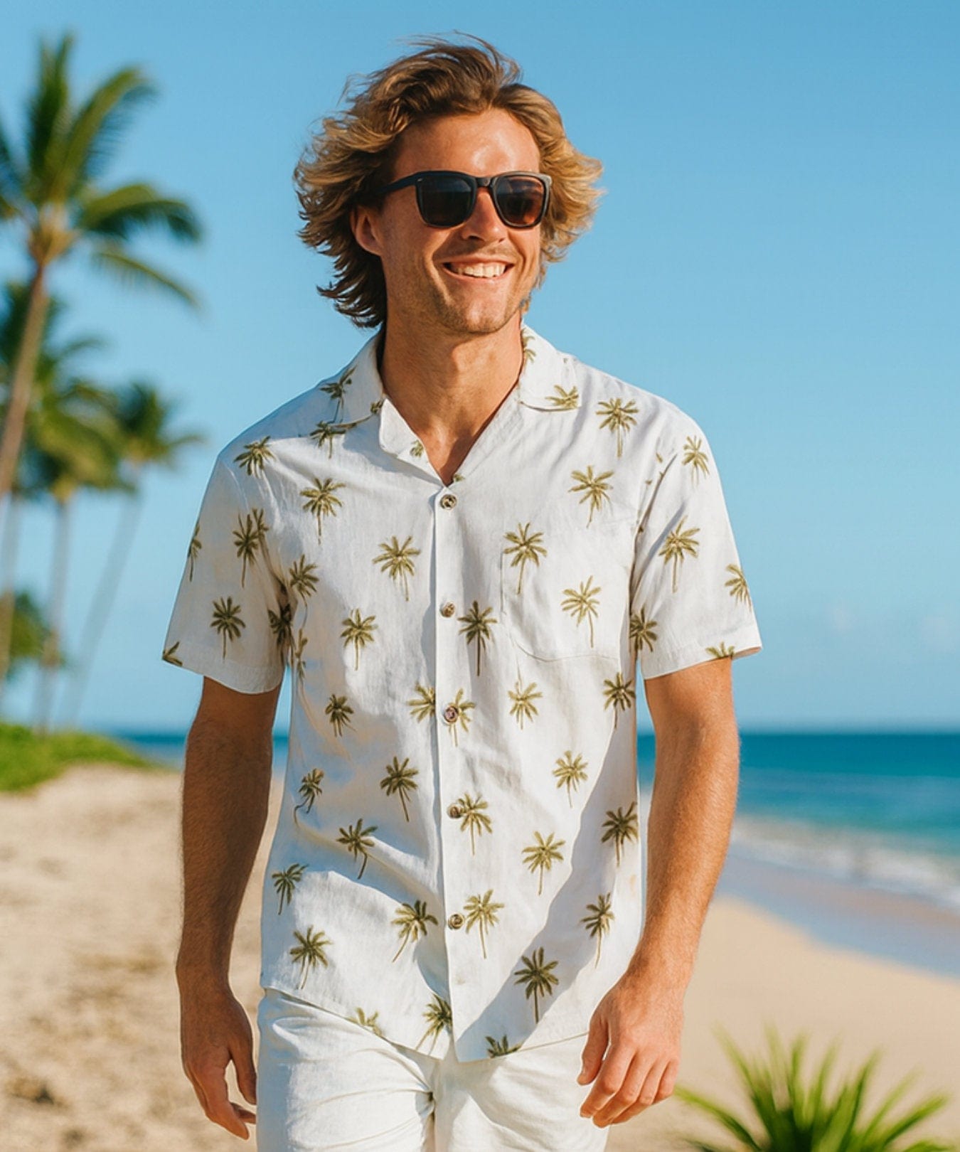 Short Sleeves Island Palm Trees Hawaiian Shirt White