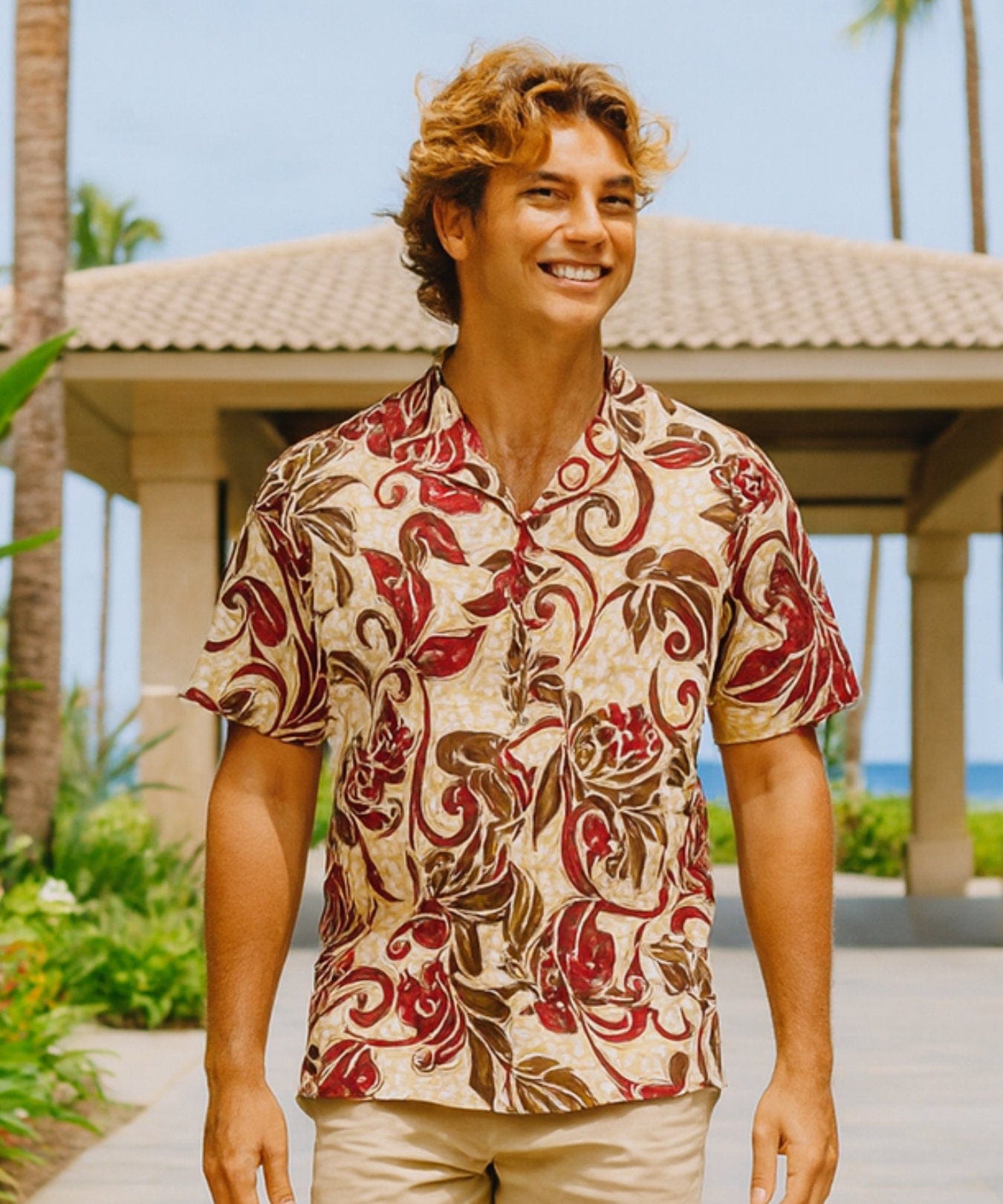 Tropical Cotton Hawaiian Shirt for men's Red