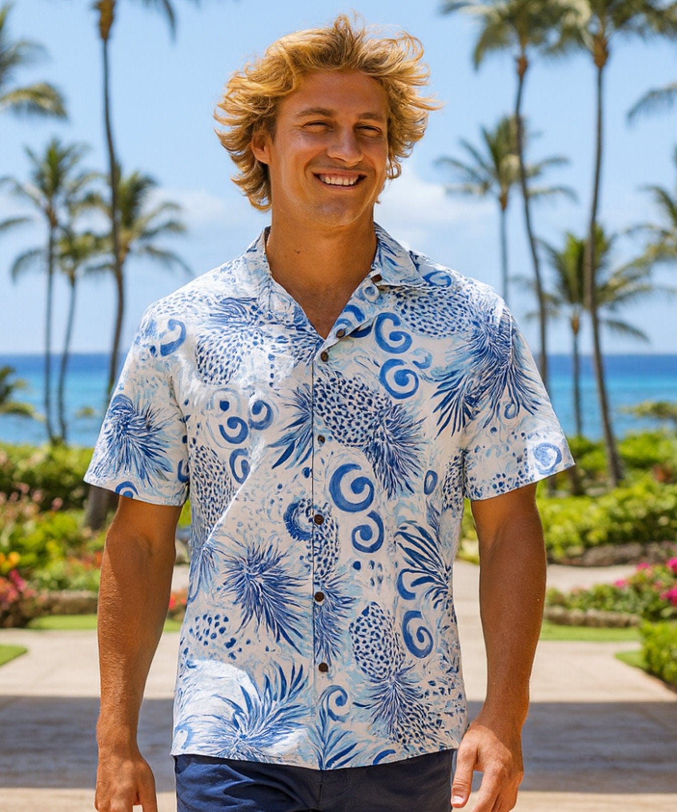 Pineapples Cotton Men Hawaiian Aloha Shirt Light Sky Blue
