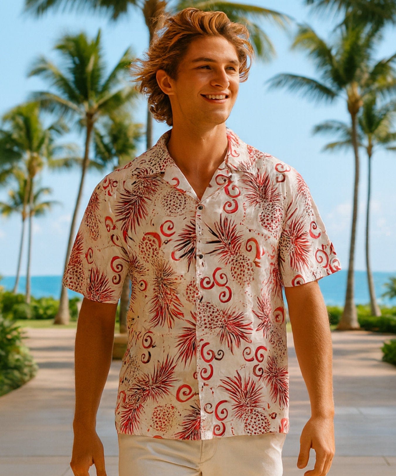 Pineapples Cotton Men Hawaiian Aloha Shirt Red