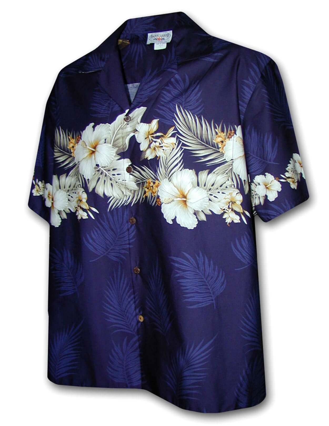 Island Aloha Wear パラカシャツ with Hibiscus 紺 Hibiscus Border Cotton Aloha Shirt  | Aloha Shirts Club, image size:1250x1620