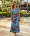 Hibiscus Cap Sleeves Full Length Hawaiian Dress Light Sky Blue
