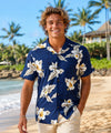 Hibiscus Short Sleeves Cotton Men's Aloha Shirt Navy