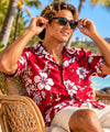 Hibiscus White Cotton Hawaiian Aloha Shirt Red