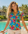 Hibiscus Watercolor Fitted Hawaiian Blouse Corn Flower Blue