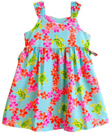 Honu Girls Dress with Plumerias and Side Ties Turquoise