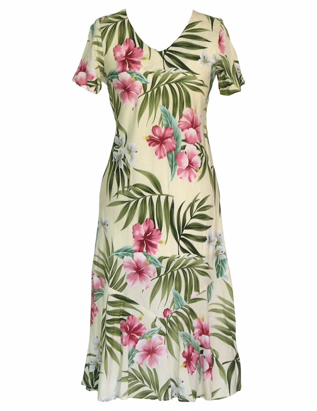 Iluna Long Maxi V-Neck Rayon Hawaiian Dress | Aloha Shirts Club Beige / S Iluna Long Maxi V-Neck Rayon Hawaiian Dress | Aloha Shirts Club Beige / S