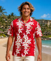 Island Plumeria Flowers Cotton Aloha Shirt Red