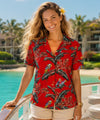 Jungle Bird Parrots Rayon Camp Hawaiian Blouse Red