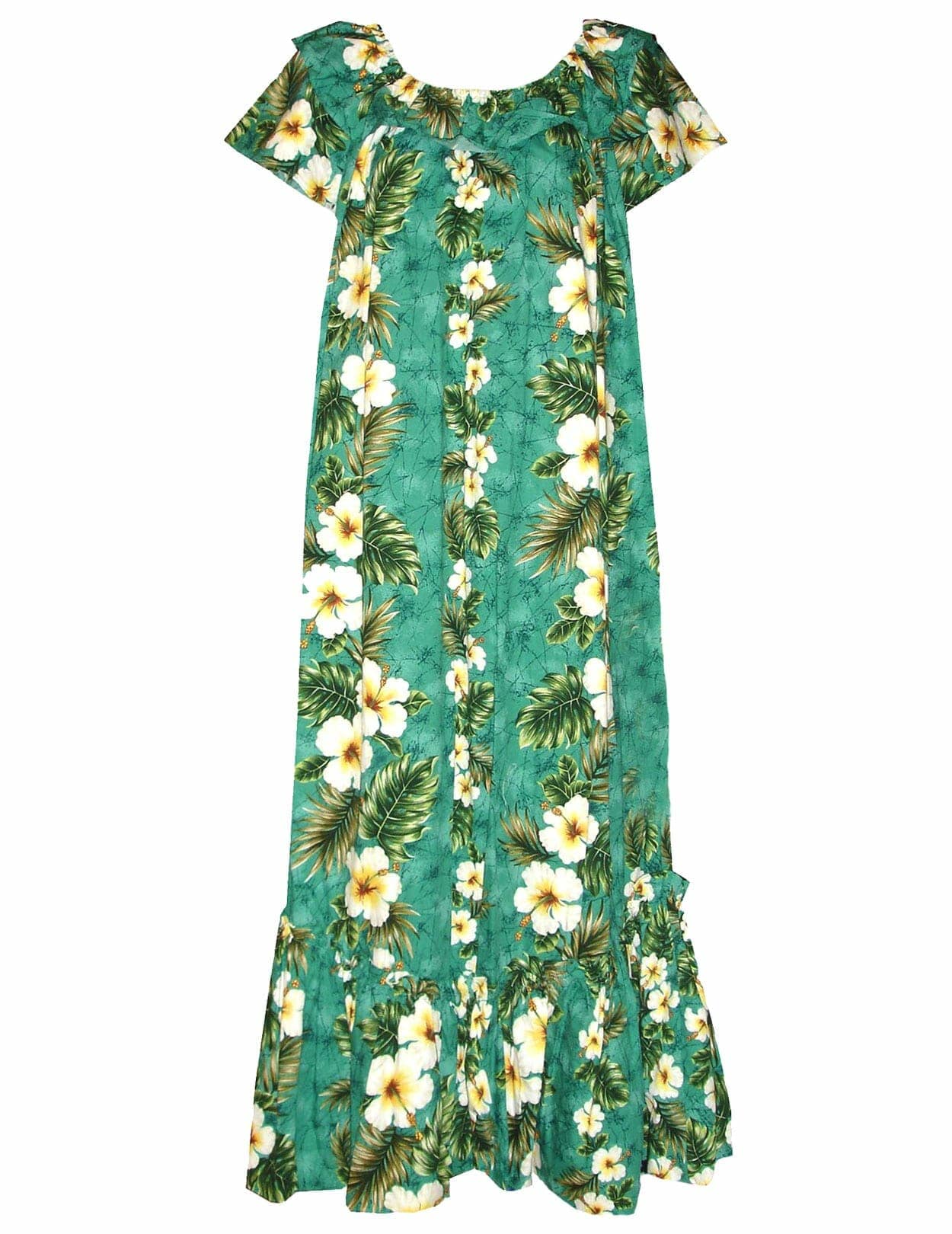 green emerald velvet dress Kalea Hibiscus Long Muumuu Hawaiian Dress
