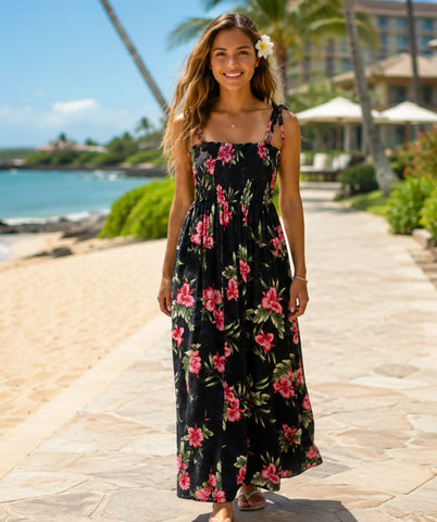 modern hawaiian dresses Keilani Long Maxi Smock Dress Size:3-6M Short Sleeve Atoll Blue Maxi Hawaiian No Vacancy Navy Blue Dress Short