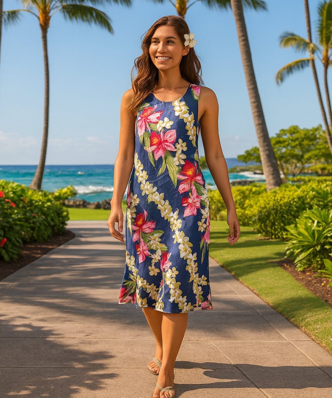 Plumeria Knee Length Hawaiian Dress Navy