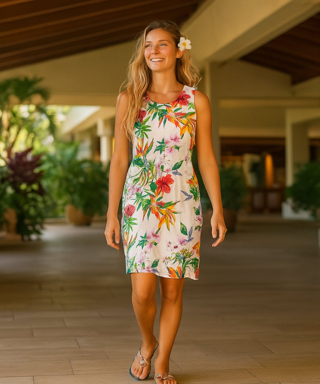 Loholiho Knee Length Hawaiian Dress White