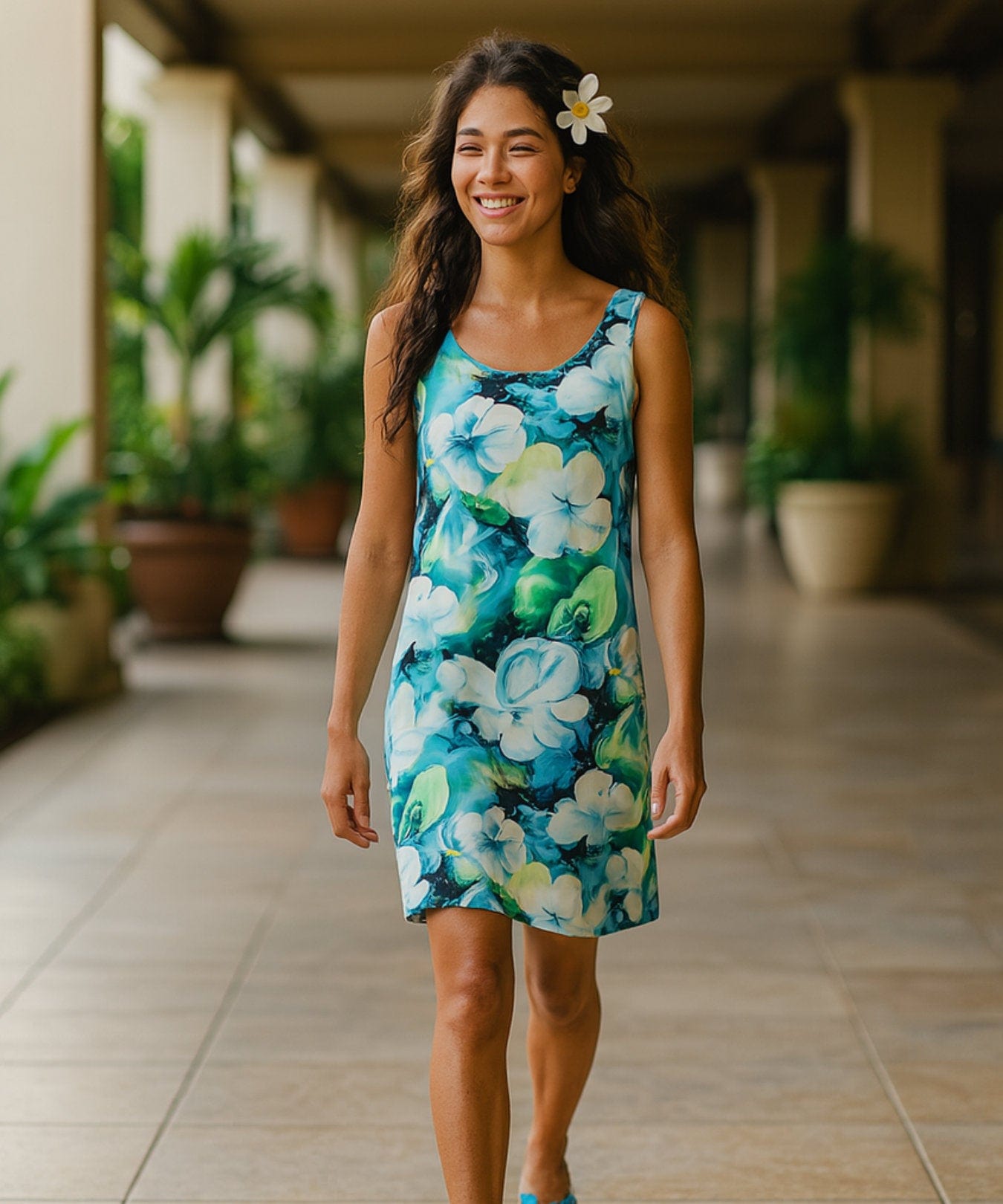 Watercolor Knee Length Hawaiian Dress Ocean Blue