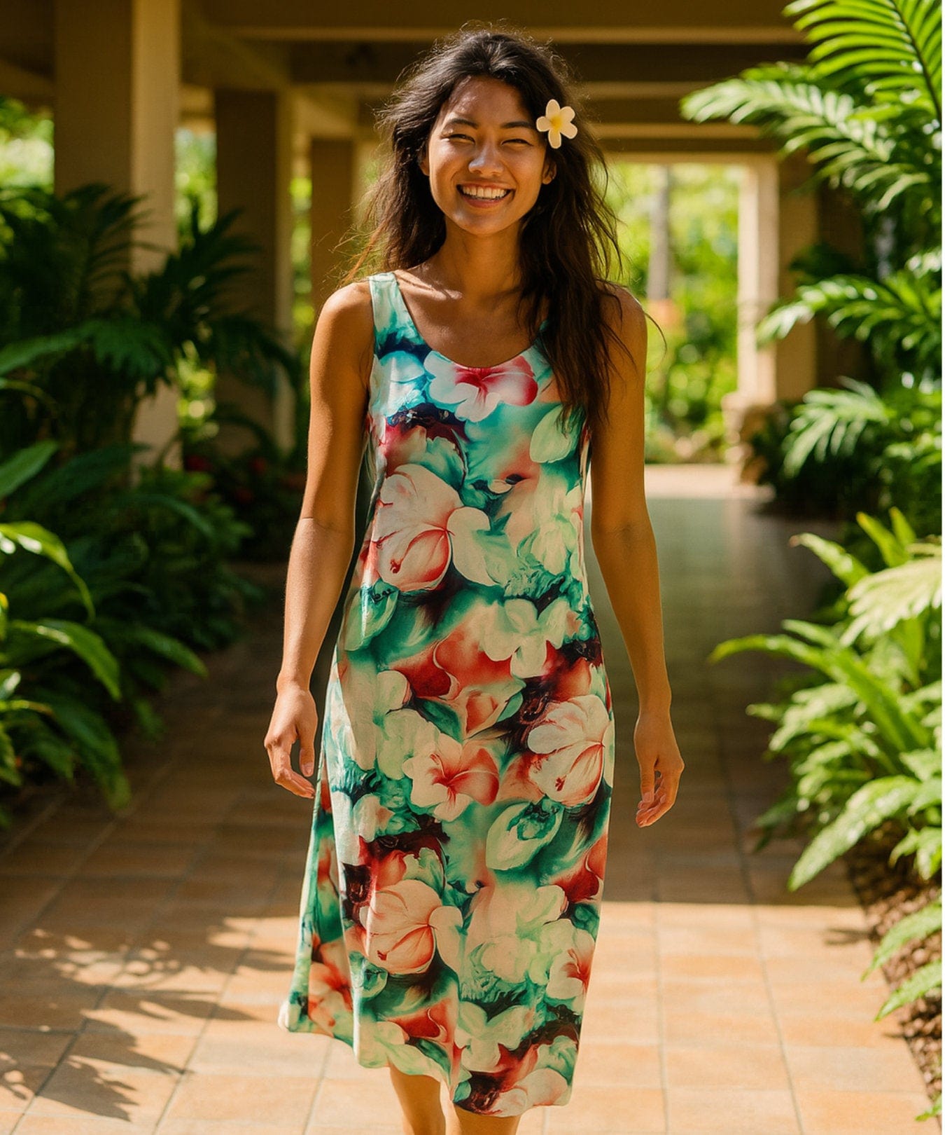 Watercolor Knee Length Hawaiian Dress Red