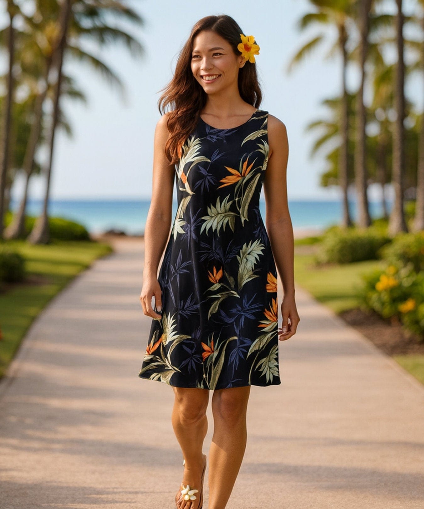 Lelehune Sleeveless Tropical Hawaiian Dress Black
